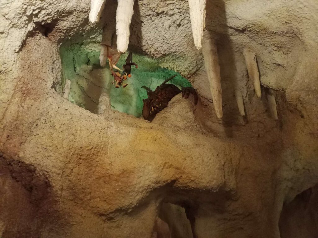 In een grot zie je aan de bovenkant een draak tevoorschijn komen.