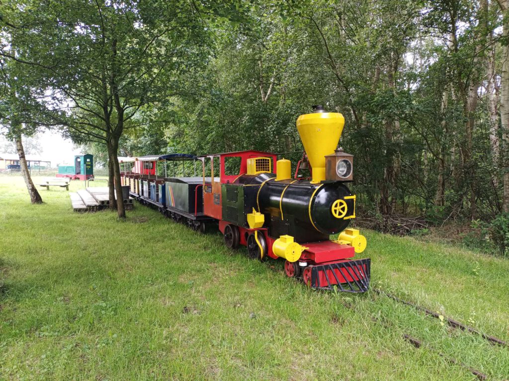 Voor staat een locomootief die op diesel rijdt, maar eruit ziet als een stoomlocomotief met een zwarte ketel, een rood onderstel en gele pijpen. Daarachter staan wagons die uitgevoerd zijn in diverse kleuren.