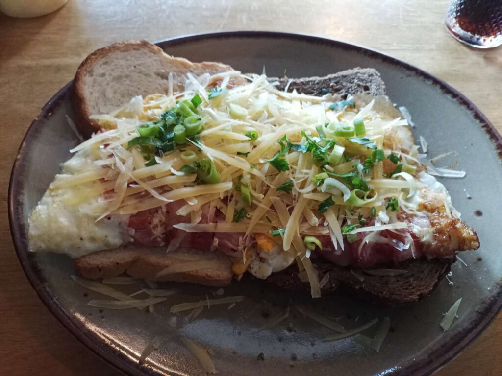 Op een groen-blauw bord liggen twee plakken oerbrood, één wit, één bruin. Daarop ligt een dubbel gevouwen gebakken ei met kaas, bacon en lente ui. 