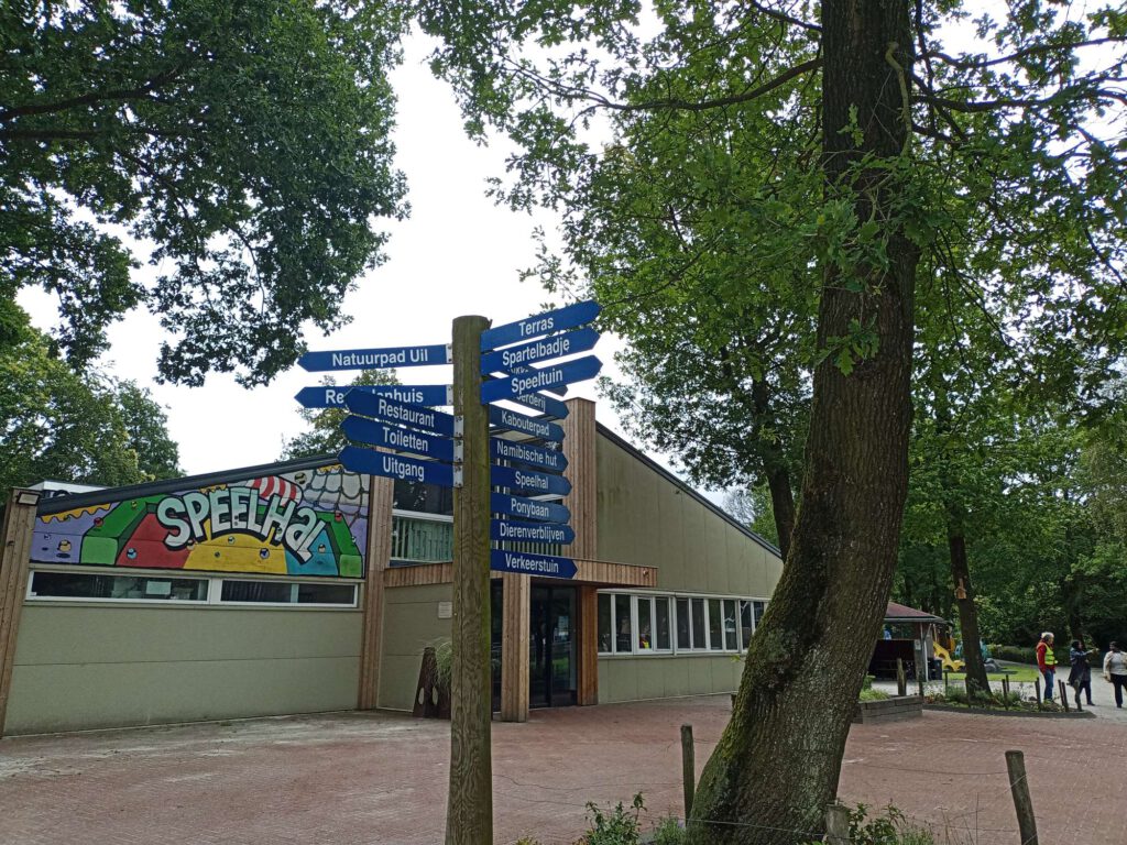 Er is een wegwijzer met blauwe borden en witte letters die de weg wijzen naar de parkdelen, met op de achtergrond de indoor speelhal te zien aan de buitenkant.